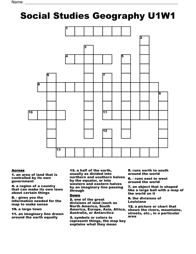 Social Studies Geography U1W1 Crossword