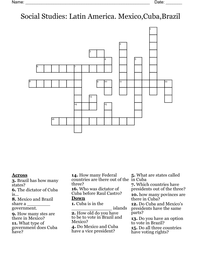 Social Studies: Latin America. Mexico,Cuba,Brazil Crossword