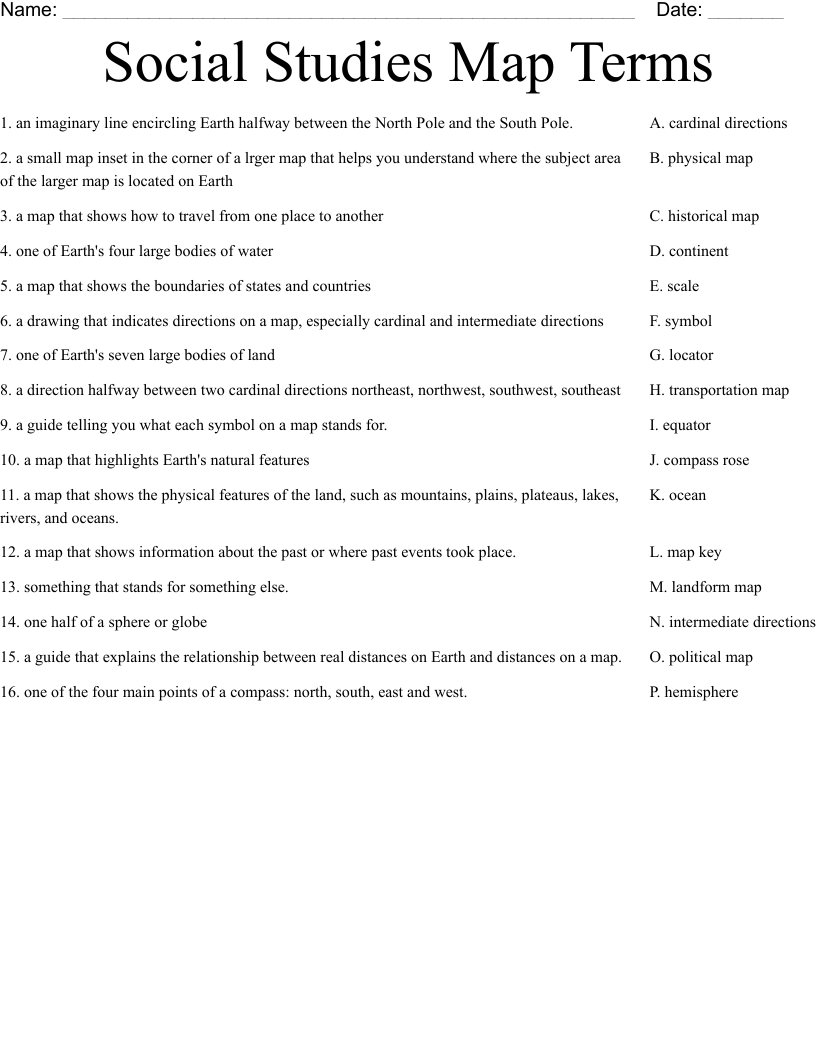 Social Studies Map Terms Worksheet