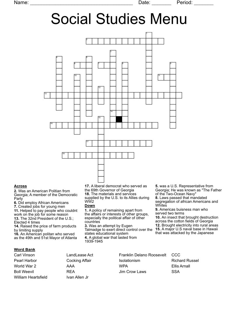 Social Studies Menu Crossword