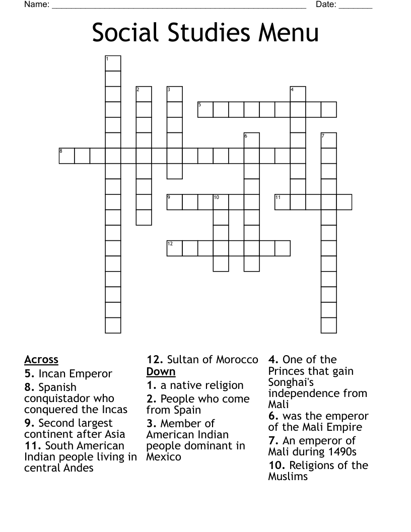 Social Studies Menu Crossword