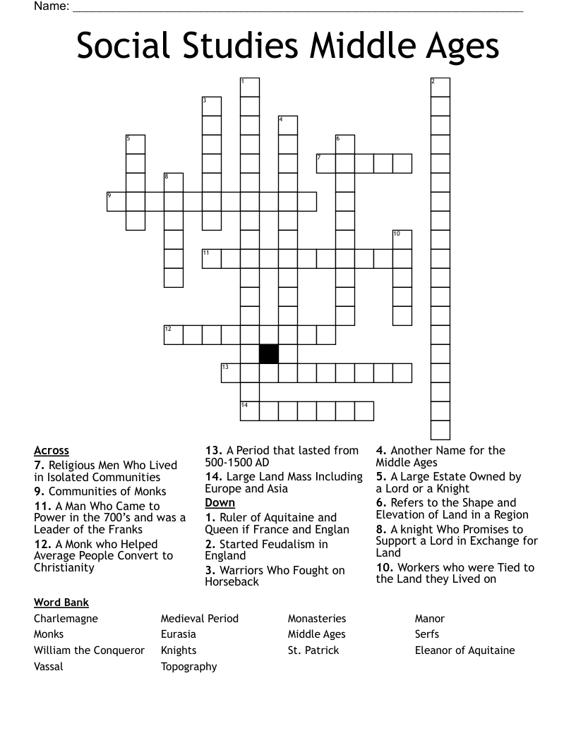 Social Studies Middle Ages Crossword