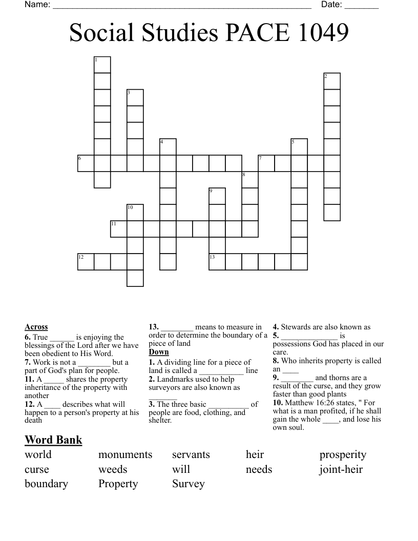 Social Studies PACE 1049 Crossword