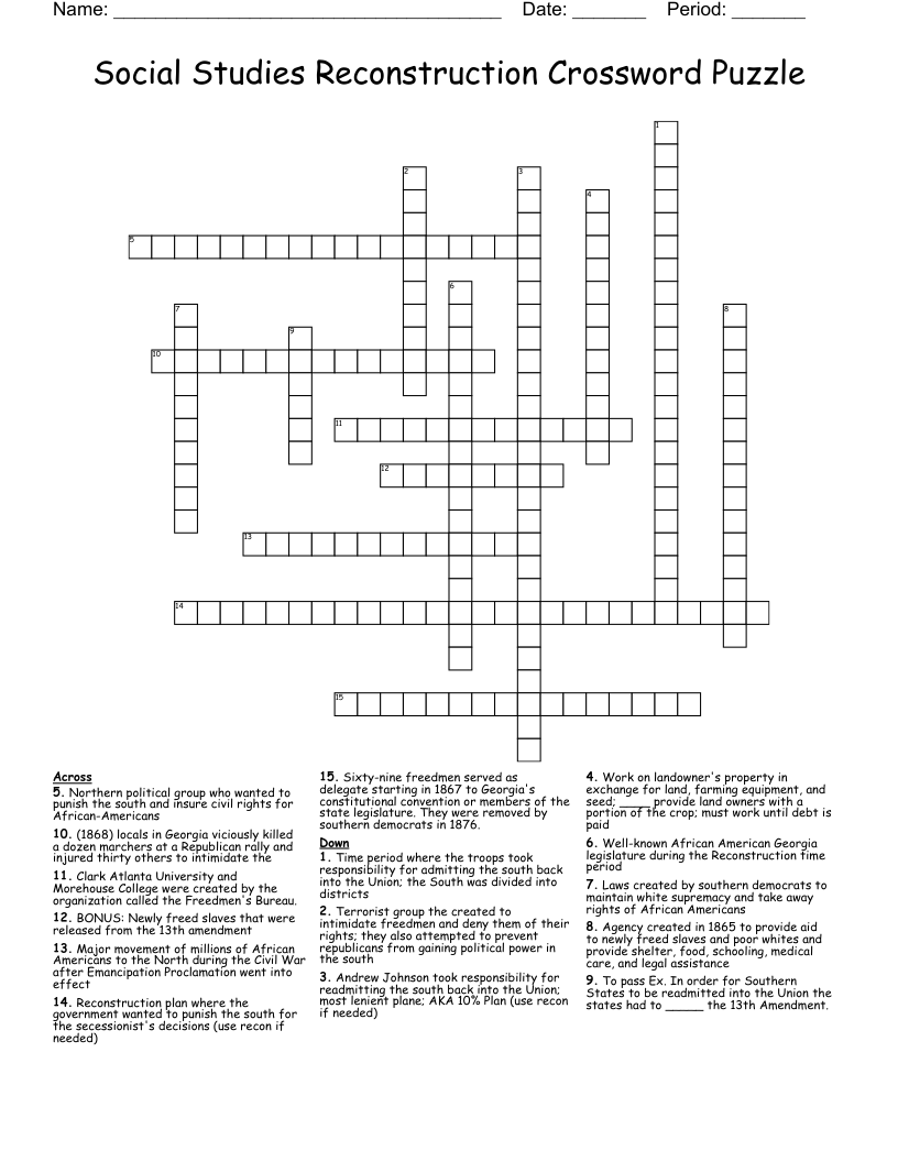Social Studies Reconstruction Crossword Puzzle