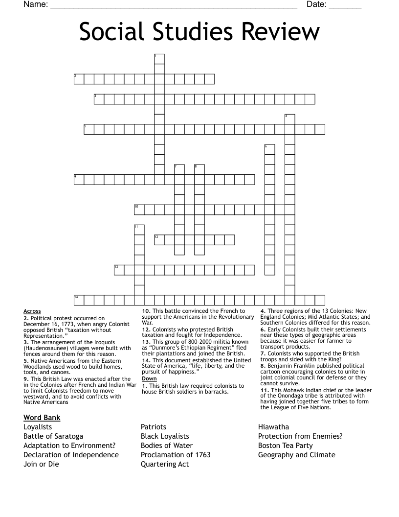 Social Studies Review Crossword