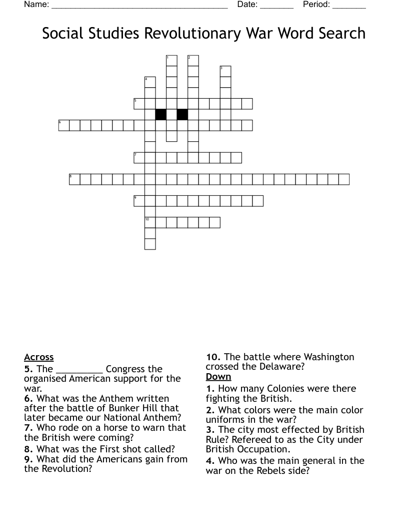 Social Studies Revolutionary War Word Search Crossword