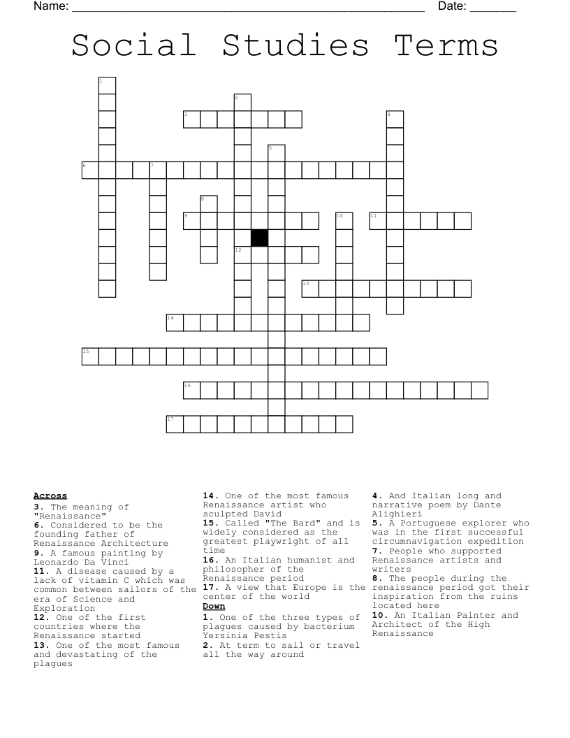 Social Studies Terms Crossword