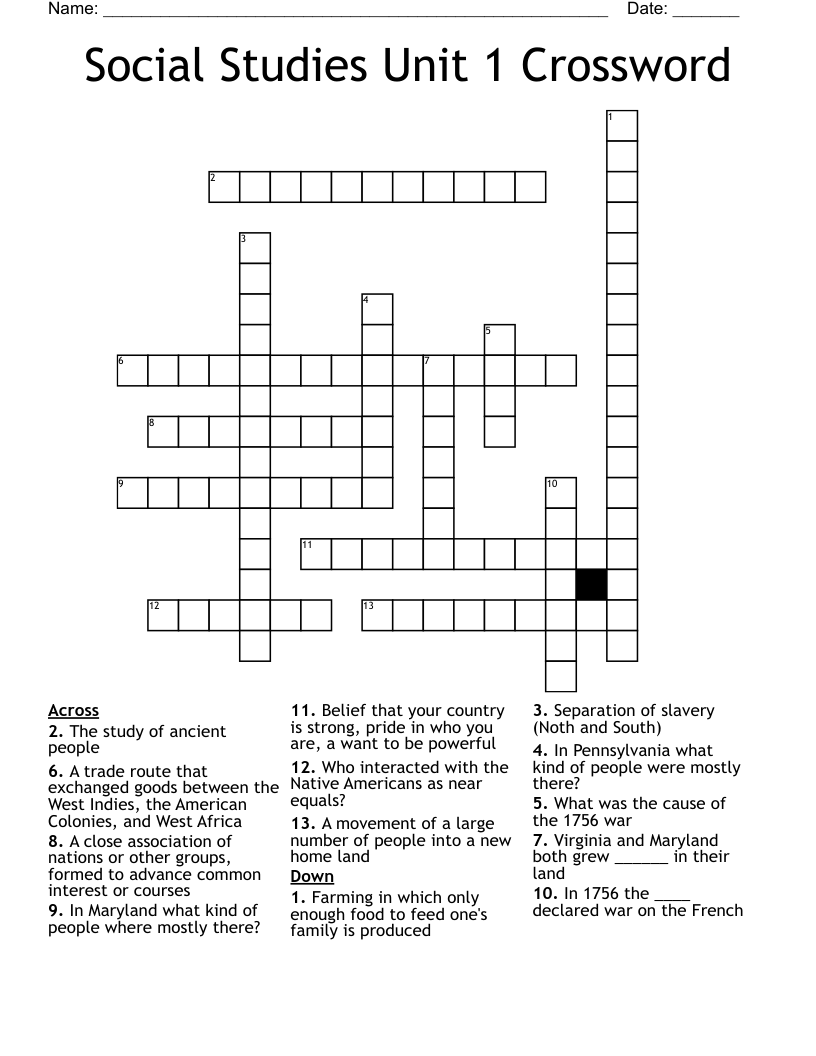 Social Studies Unit 1 Crossword