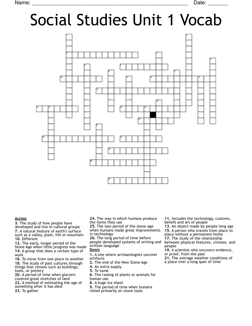 Social Studies Unit 1 Vocab Crossword