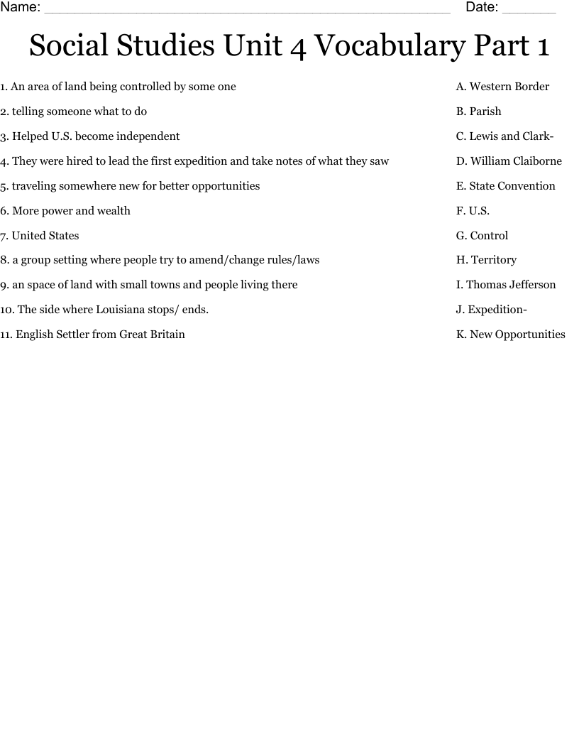 Social Studies Unit 4 Vocabulary Part 1 Worksheet