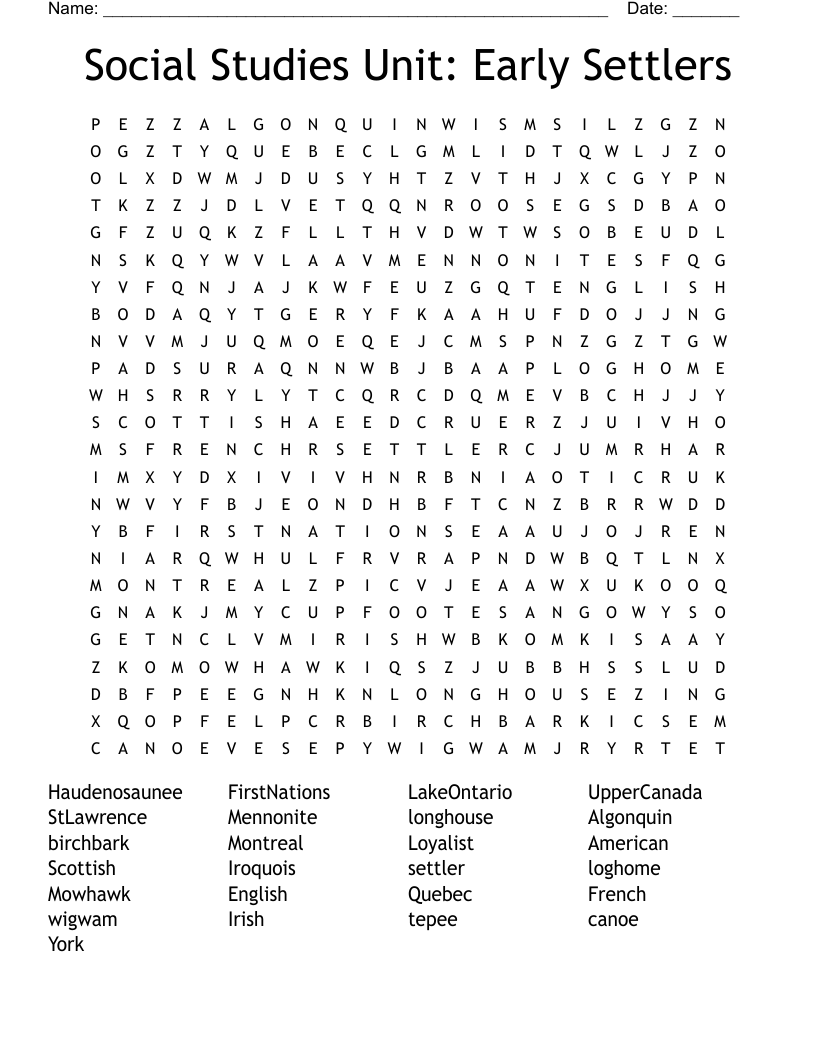 Social Studies Unit: Early Settlers Word Search