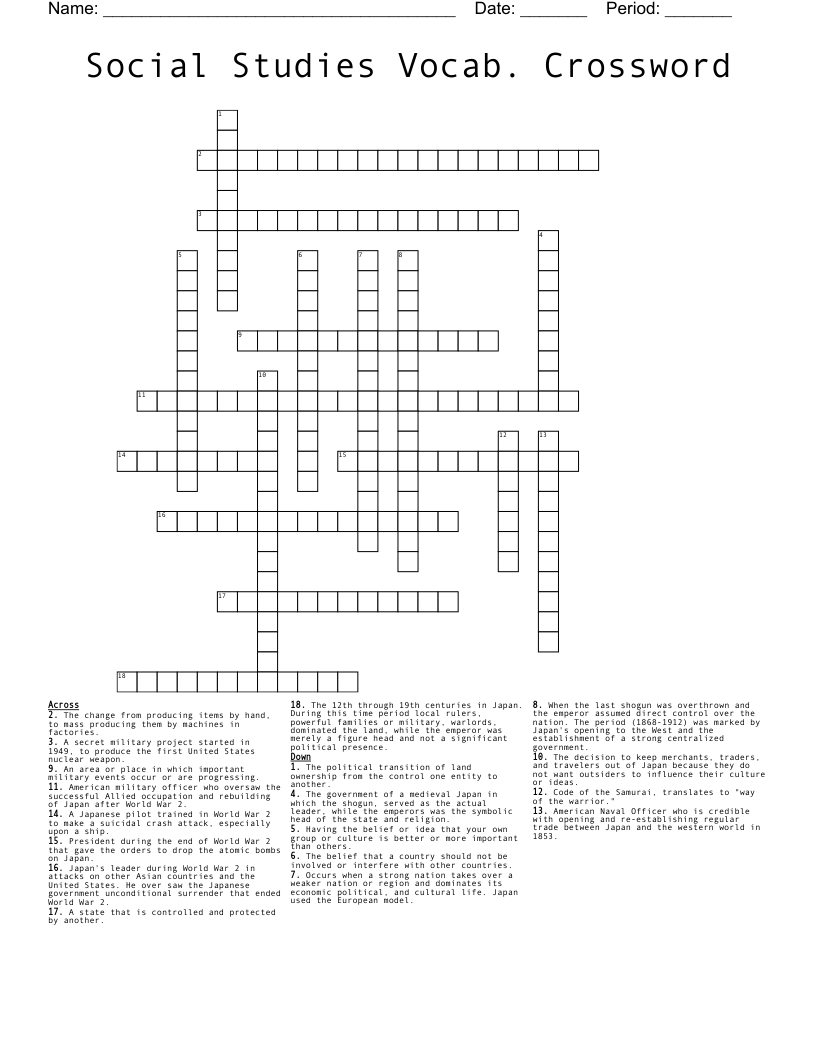 Social Studies Vocab. Crossword
