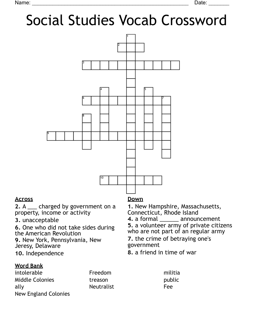Social Studies Vocab Crossword