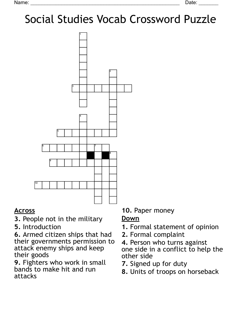 Social Studies Vocab Crossword Puzzle