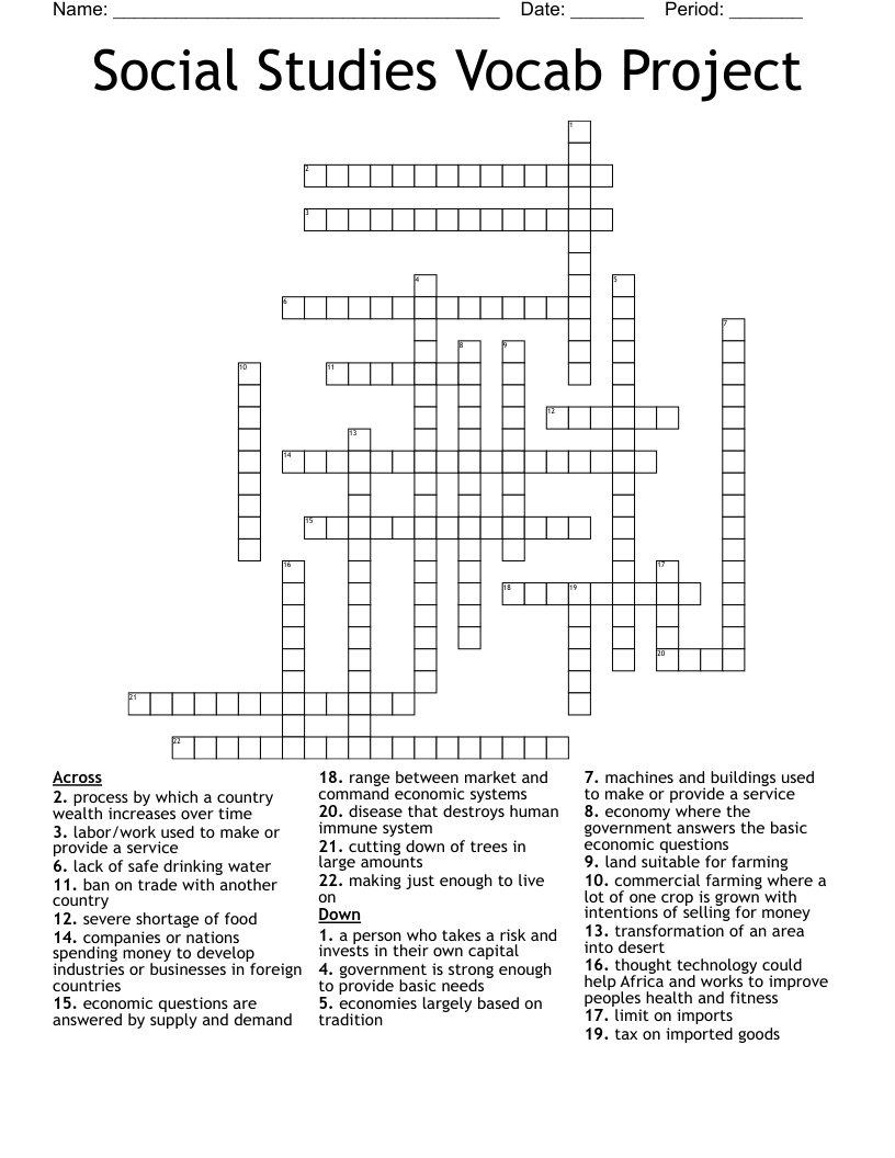 Social Studies Vocab Project Crossword