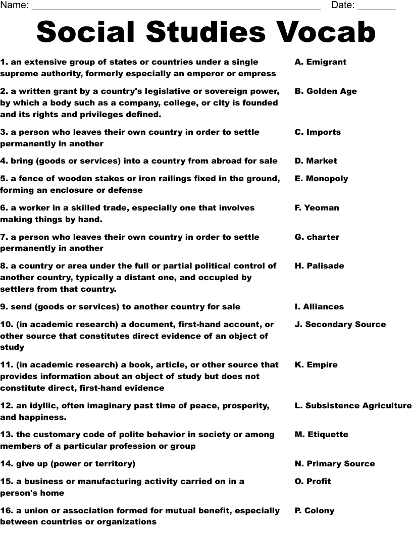 Social Studies Vocab  Worksheet
