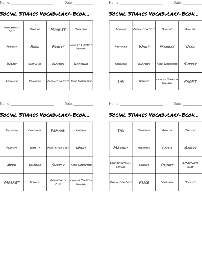 Social Studies Vocabulary-Economics Bingo Cards