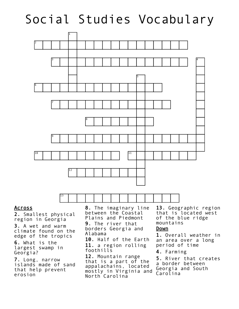 Social Studies Vocabulary Crossword