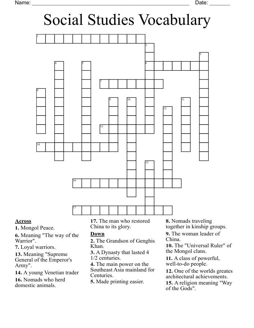 Social Studies Vocabulary Crossword