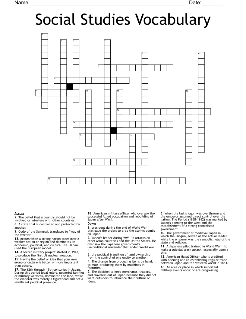 Social Studies Vocabulary Crossword