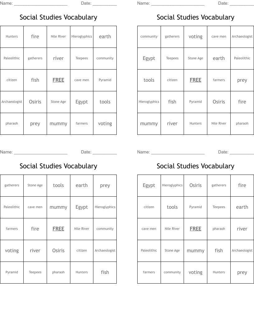 Social Studies Vocabulary Bingo Cards