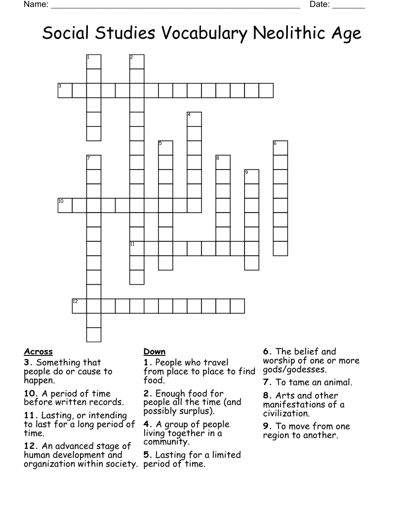 Social Studies Vocabulary Neolithic Age Crossword