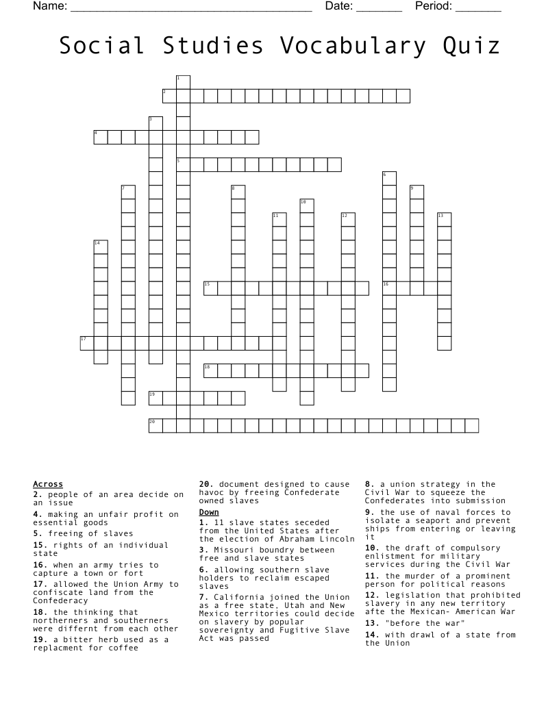 Social Studies Vocabulary Quiz Crossword