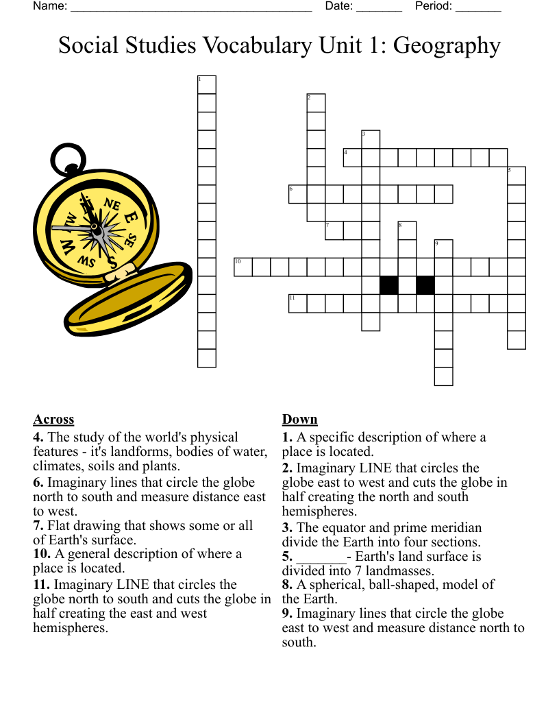 Social Studies Vocabulary Unit 1: Geography Crossword