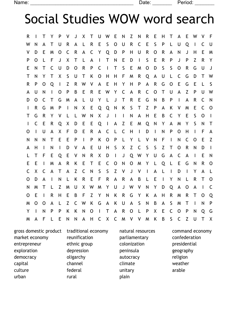 Social Studies WOW word search