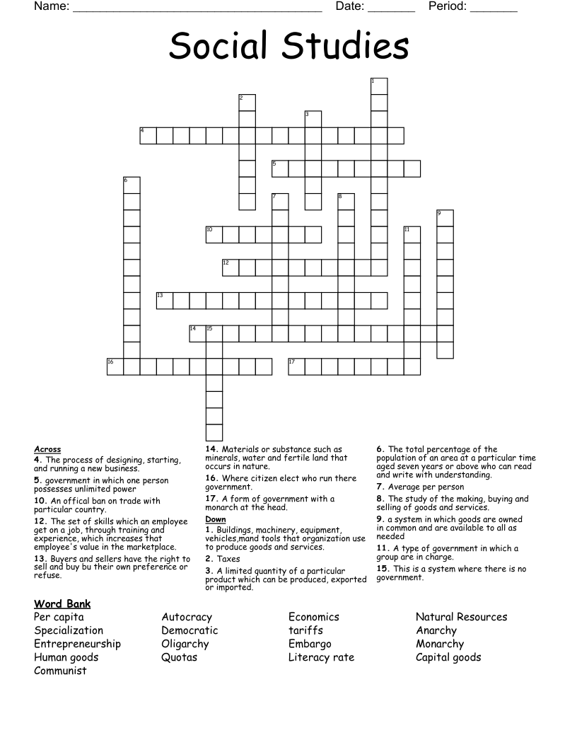 Social Studies  Crossword