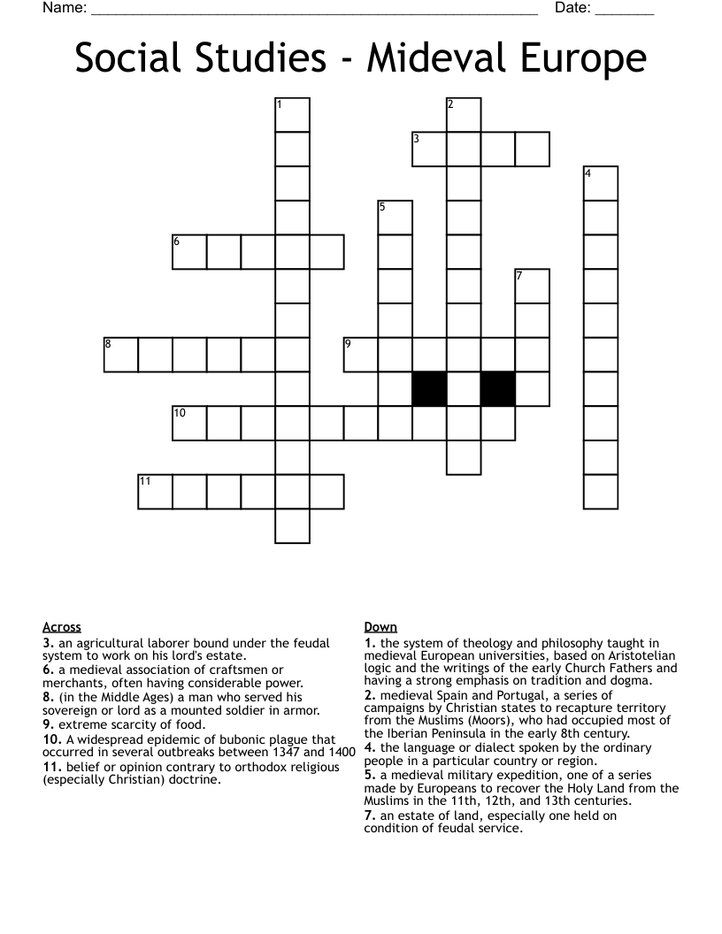 Social Studies - Mideval Europe Crossword