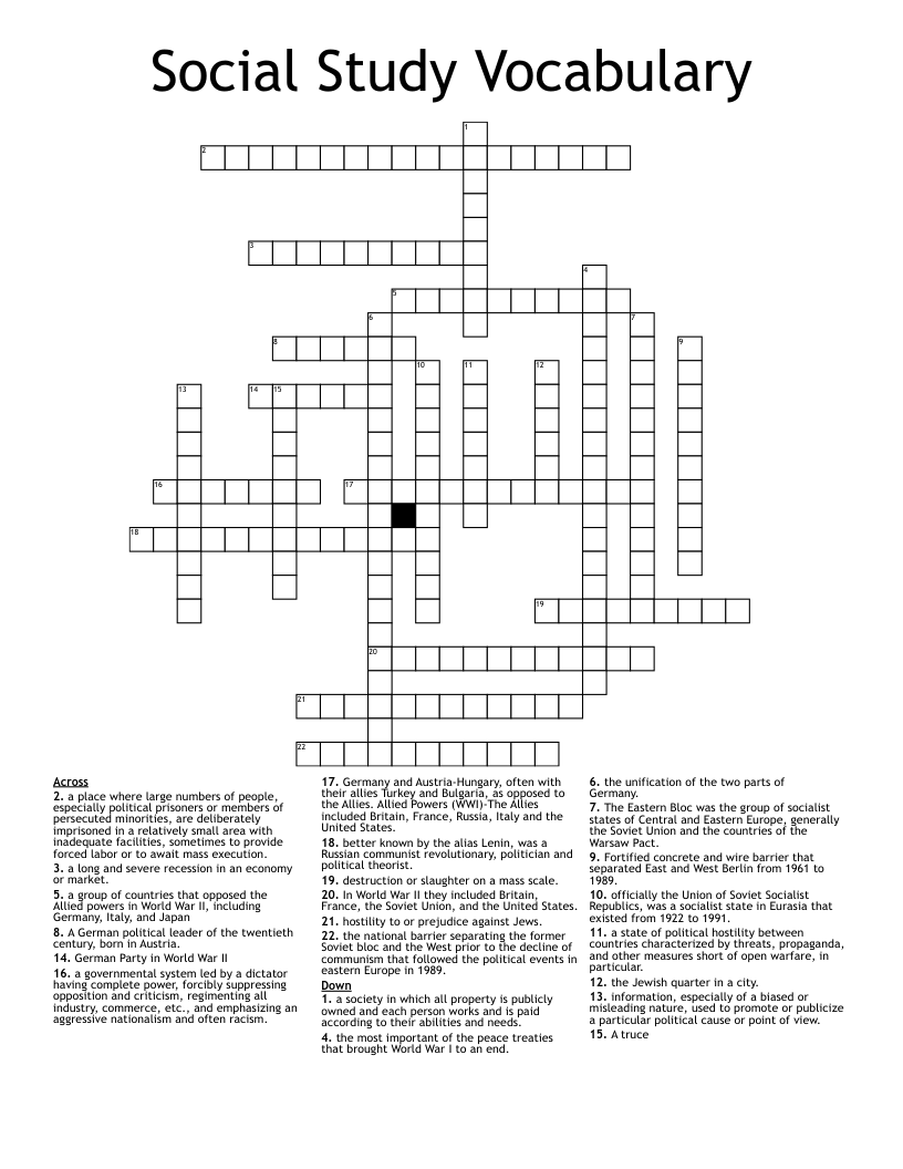 Social Study Vocabulary Crossword