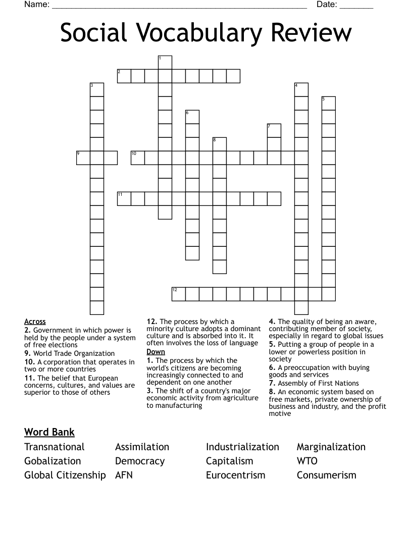 Social Vocabulary Review Crossword