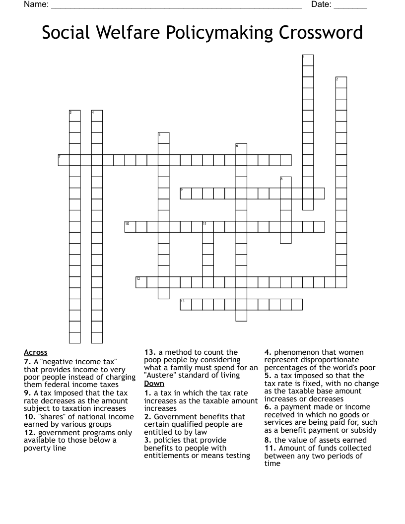 Social Welfare Policymaking Crossword