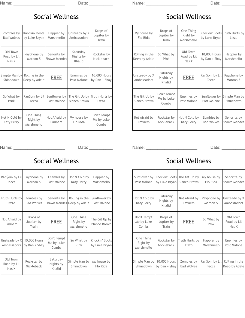 Social Wellness Bingo Cards