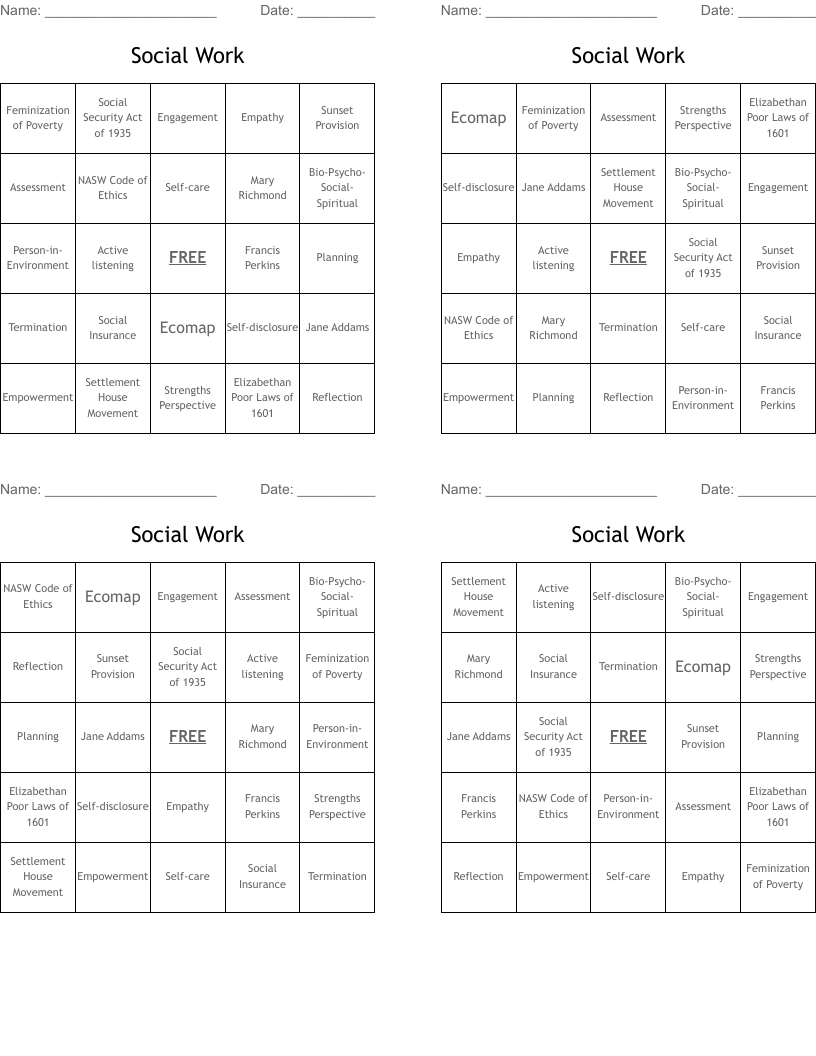 Social Work Bingo Cards