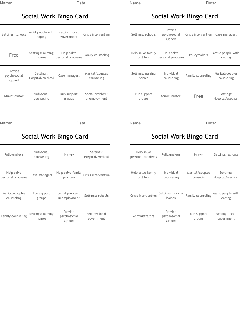 Social Work Bingo Card