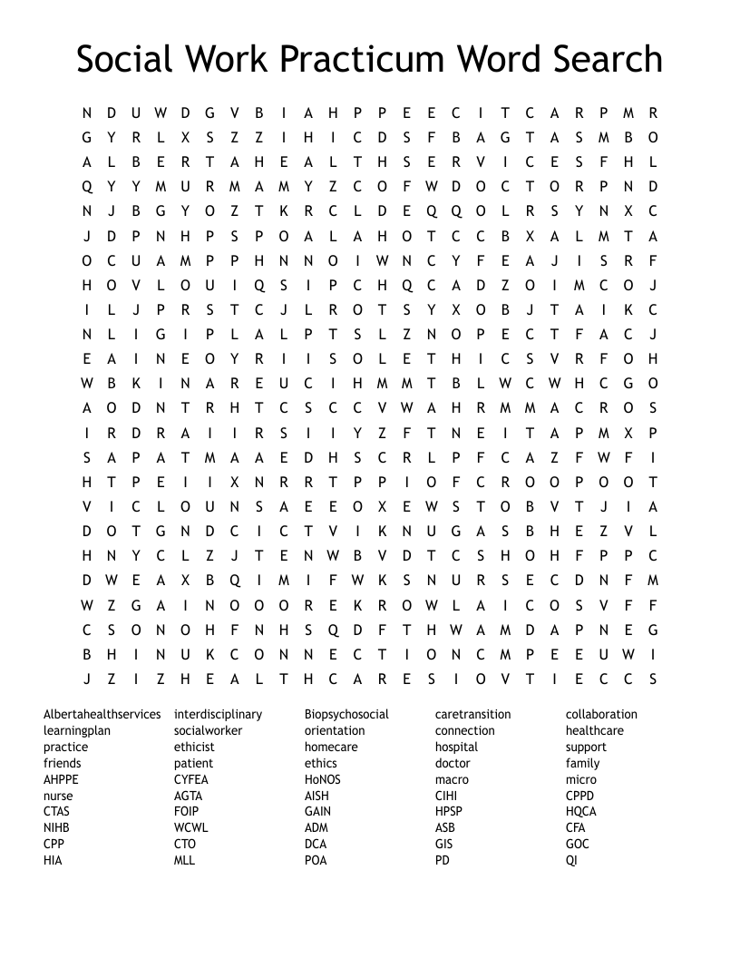 Social Work Practicum Word Search