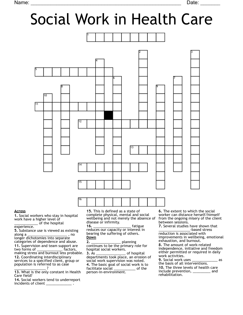 Social Work in Health Care Crossword