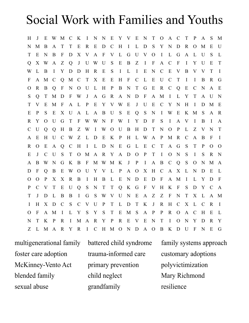 Social Work with Families and Youths Word Search