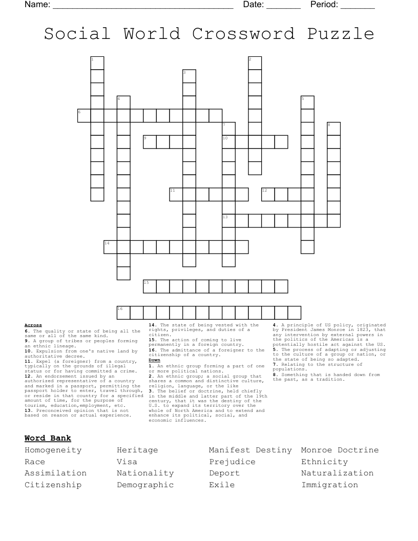 Social World Crossword Puzzle
