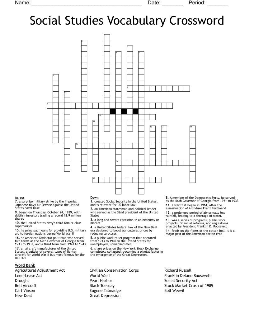 Social  Studies Vocabulary Crossword 