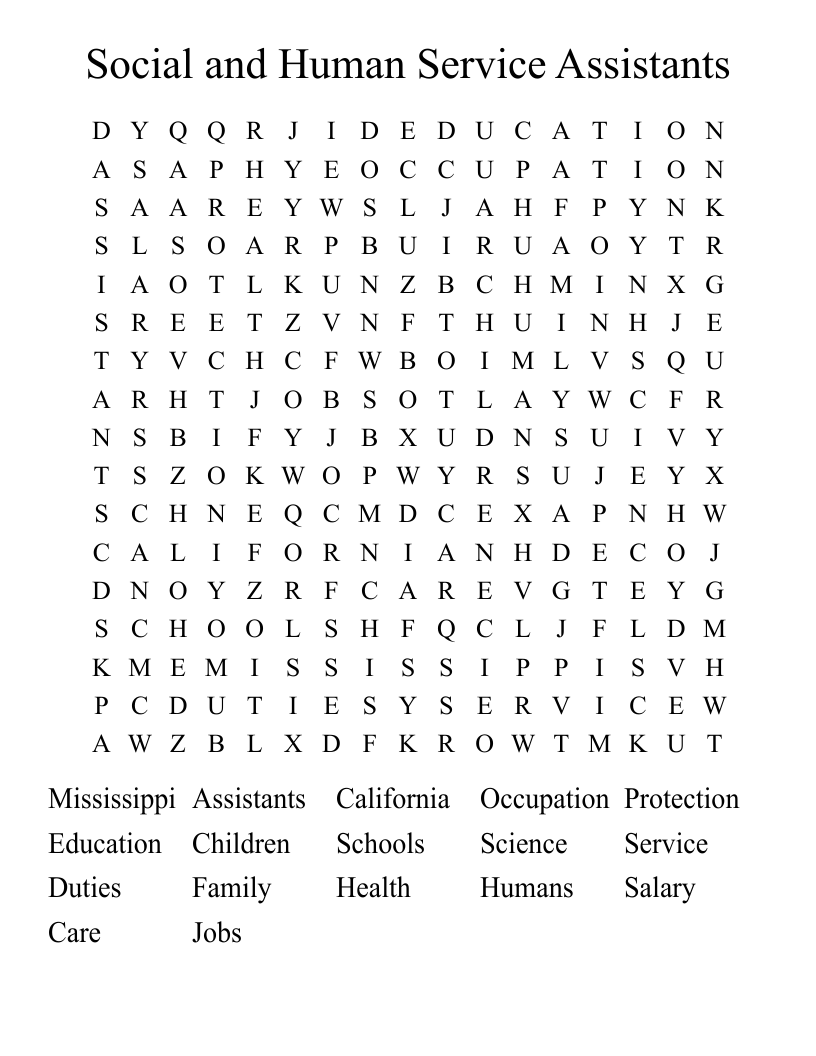 Social and Human Service Assistants Word Search