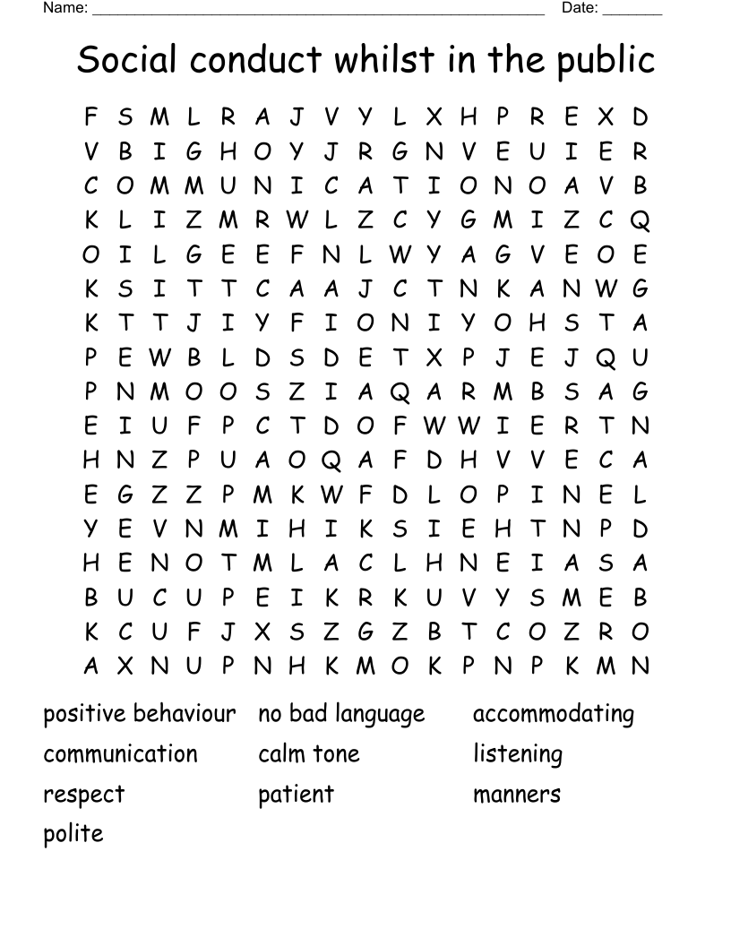 Social conduct whilst in the public Word Search