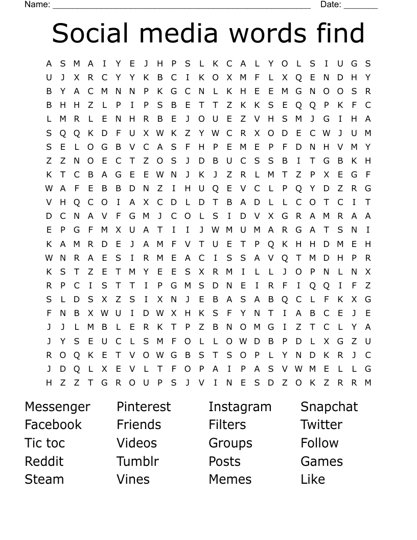 Social media words find  Word Search