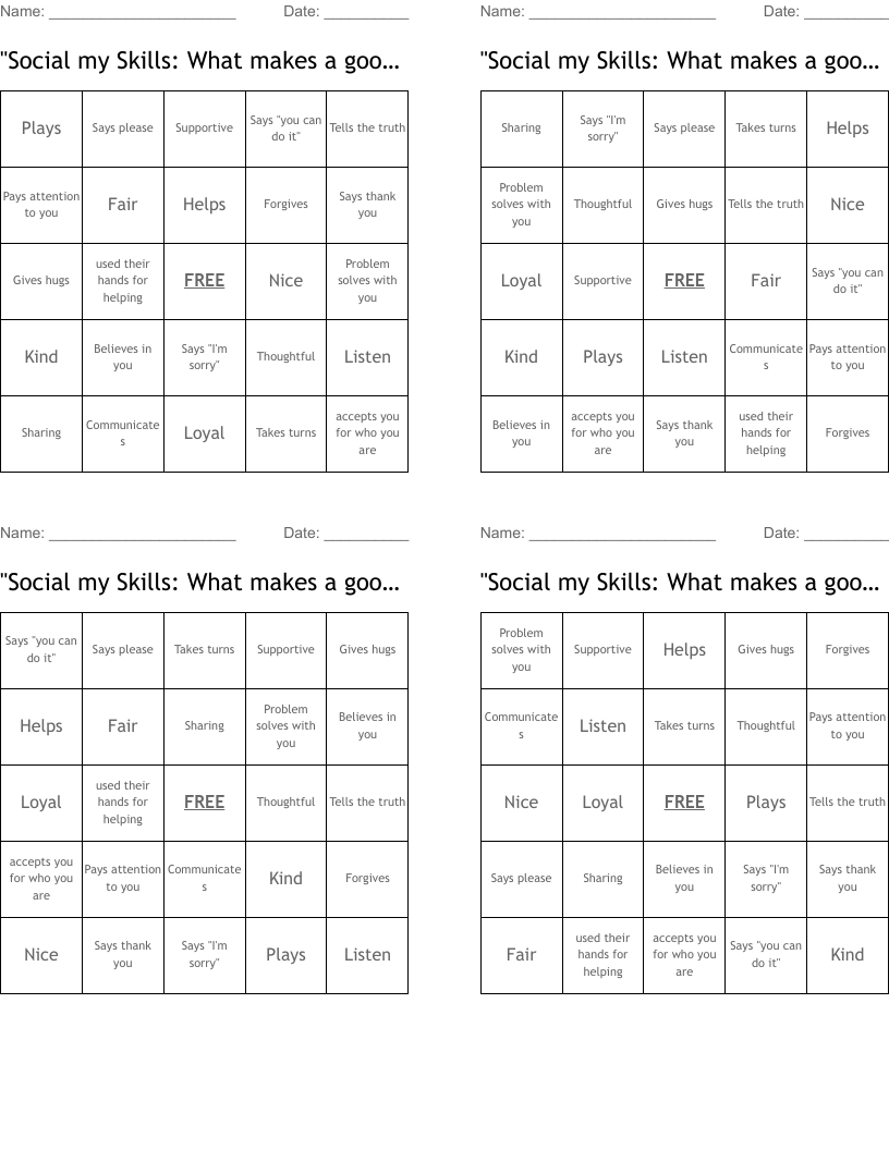 "Social my Skills: What makes a good friend?" Bingo Cards