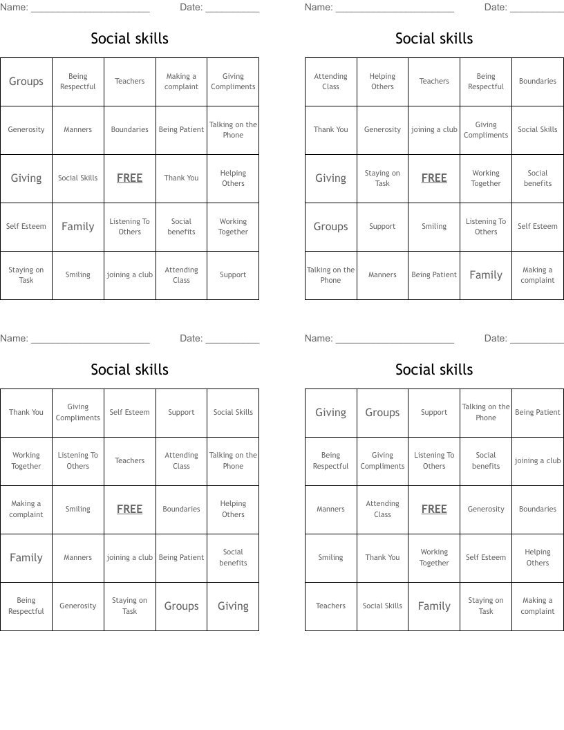 Social skills  Bingo Cards