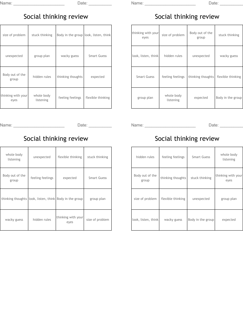 Social thinking review Bingo Cards