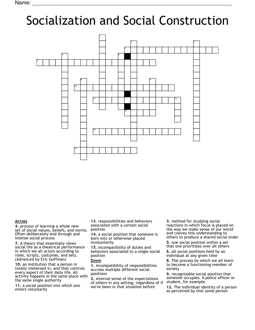 Socialization and Social Construction Crossword