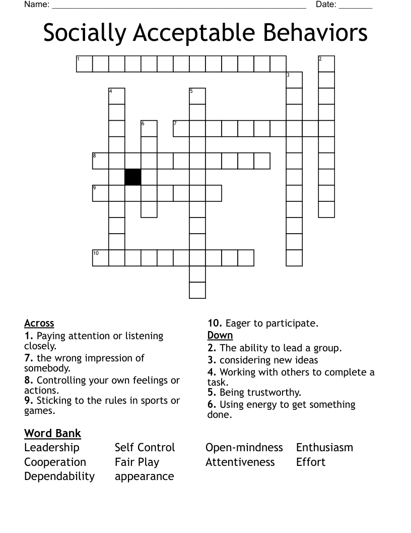 Socially Acceptable Behaviors Crossword